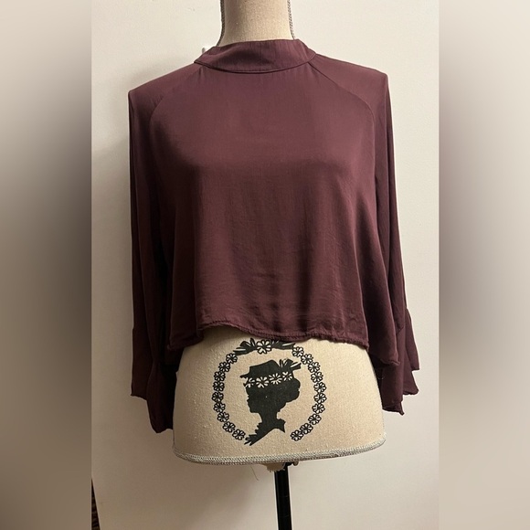 Burgundy Crop Blouse Flutter Sleeves OS - Picture 1 of 10